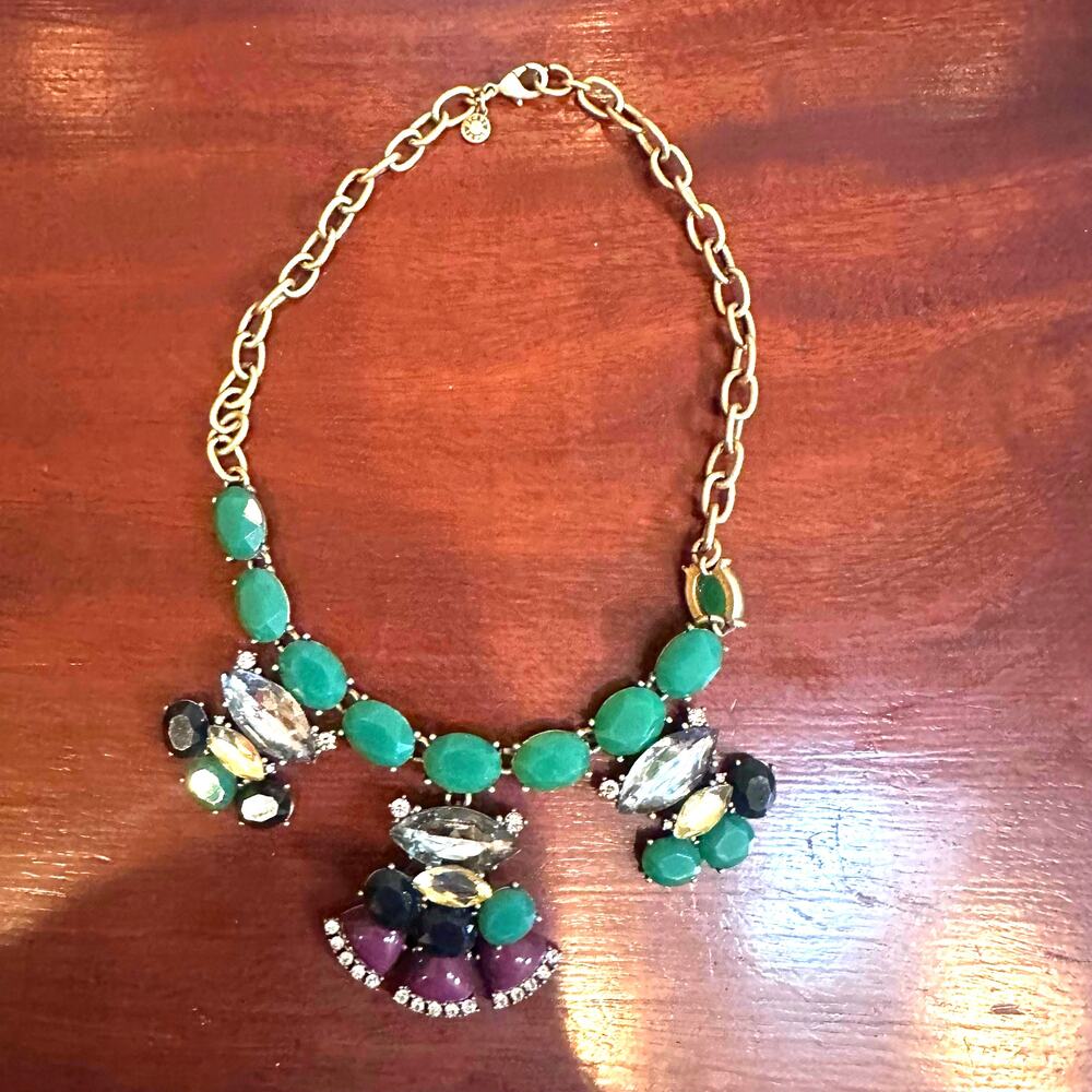 J Crew Statement Necklace Green Purple Gold 16" Long Preppy Casual Jewelry - Picture 9 of 10